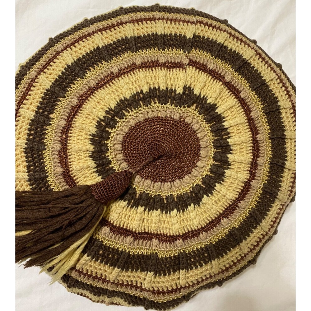 Crocheted Throw Pillow MCM Browns Beige Vtg 70s Look Round Meditation - Picture 6 of 10